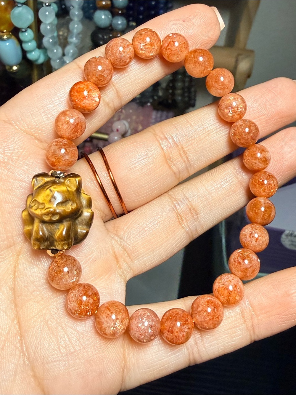 Sunstone Bracelet 7.5mm Tiger Eye Fox Charm Genuine Gemstone
